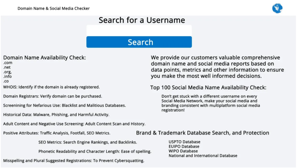 Screenshot of Treenia’s AI-based platform showcasing a username search bar, domain name availability check, social media handle checker, and brand-trademark search features.